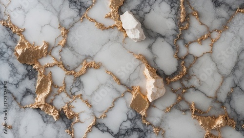 Elegant marble texture backdrop featuring white and grey tones intertwined with gold veins and small rock fragments scattered across the surface.