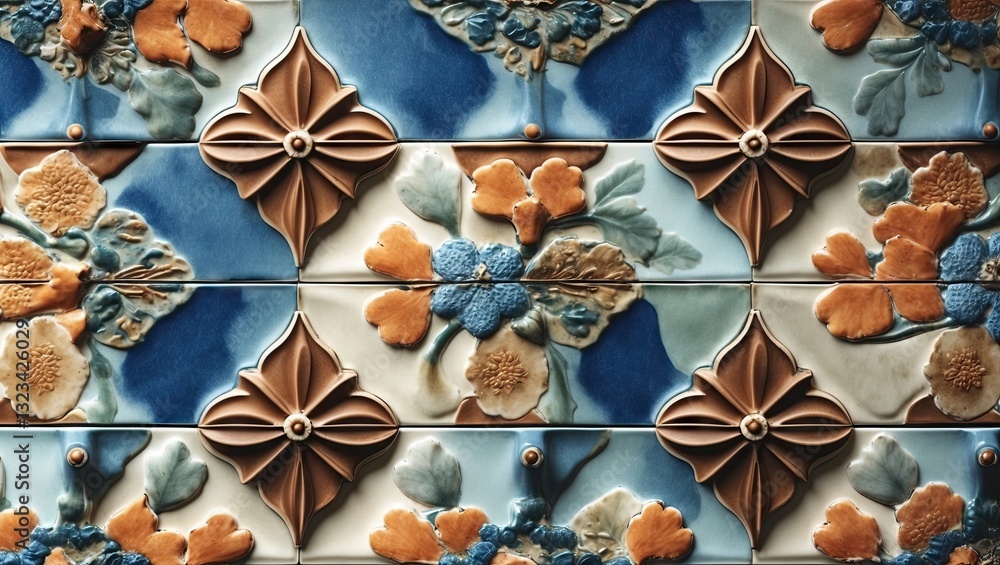 Fototapeta premium Ceramic tile design featuring floral patterns in blue, orange, and cream colors arranged in a seamless, textured layout for wallpaper.