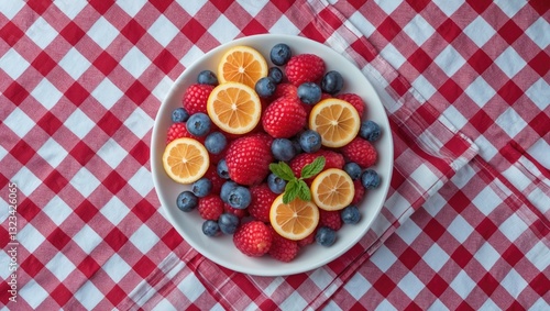 Fresh berries and sliced oranges in a white bowl on a red and white checkered tablecloth with green mint leaves enhancing the colorful display