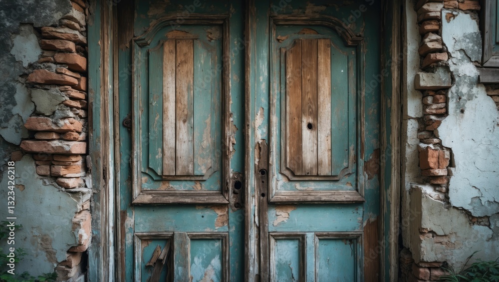 Weathered turquoise wooden door with peeling paint and broken textures, framed by cracked stone walls, highlighting decay and neglect. Weathered turquoise wooden door with peeling paint and broken textures, framed by cracked stone walls, highlighting decay and neglect.