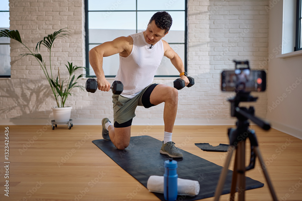 Fototapeta premium Fitness instructor exercising with hand weights while live streaming his workout tutorial.