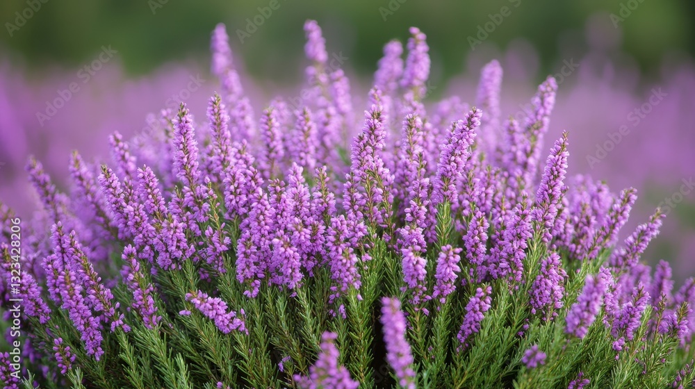 Fototapeta premium Vibrant purple heather blossoms in full bloom in lush green meadows