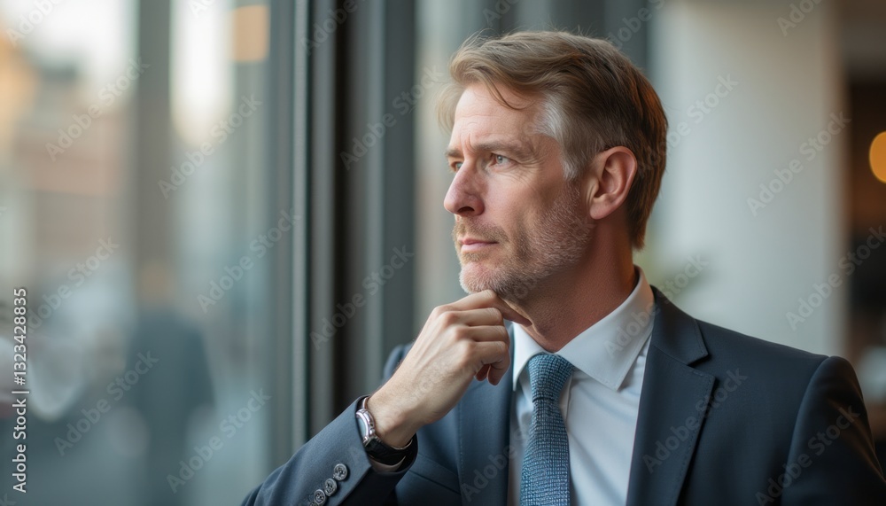 A thoughtful businessman in a tailored suit gazes out the window, lost in deep contemplation. The soft lighting and blurred background create an atmosphere of introspection and ambition, highlighting A thoughtful businessman in a tailored suit gazes out the window, lost in deep contemplation. The soft lighting and blurred background create an atmosphere of introspection and ambition, highlighting