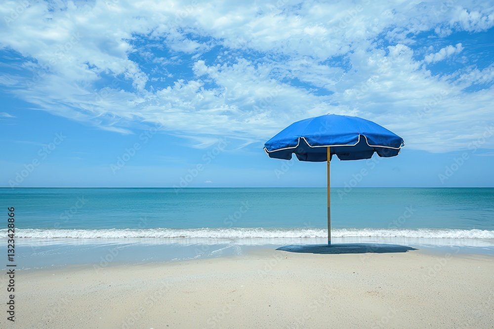 Sandy beach under blue umbrella offers cool shade. Sandy beach under blue umbrella offers cool shade.
