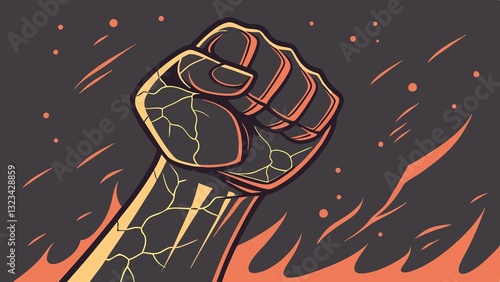A Defiant Fist Raised Amidst Fiery Flames, A Symbol Of Unwavering Resistance And Strength In A Stylized Graphic Design