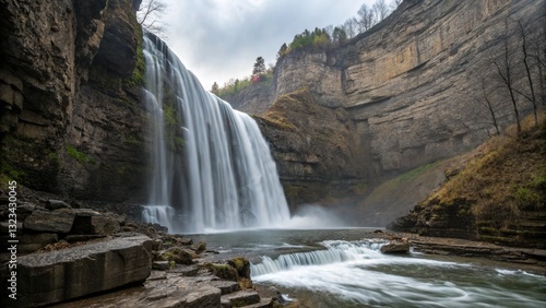 A long-exposure shot of a narrow, multi-tiered waterfall flowing down a rocky cliff face.