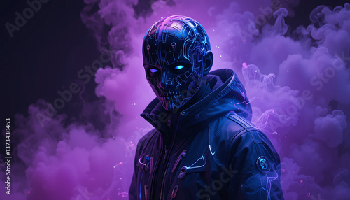 masked man with villainous look, purple smoke background, predator vibe, super villain