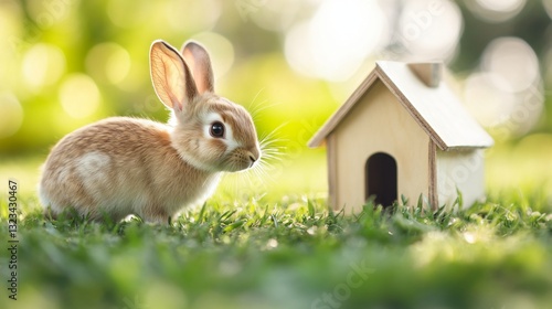 Playful bunny exploring, small fluffy rabbit near tiny wooden house in lush green grass, serene garden setting.
