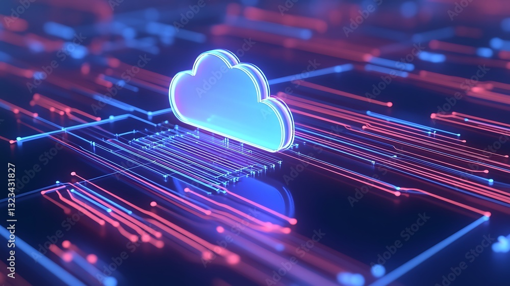 Abstract digital illustration of cloud technology with glowing lines and circuits in futuristic data environment