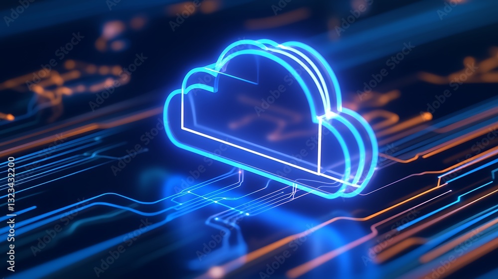 Abstract neon cloud symbol on circuit board background representing digital technology and cloud computing concepts Abstract neon cloud symbol on circuit board background representing digital technology and cloud computing concepts
