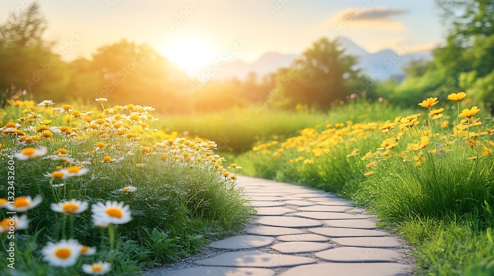 Obraz premium Sunlit Garden Path Lined With Blooming Yellow And White Flowers