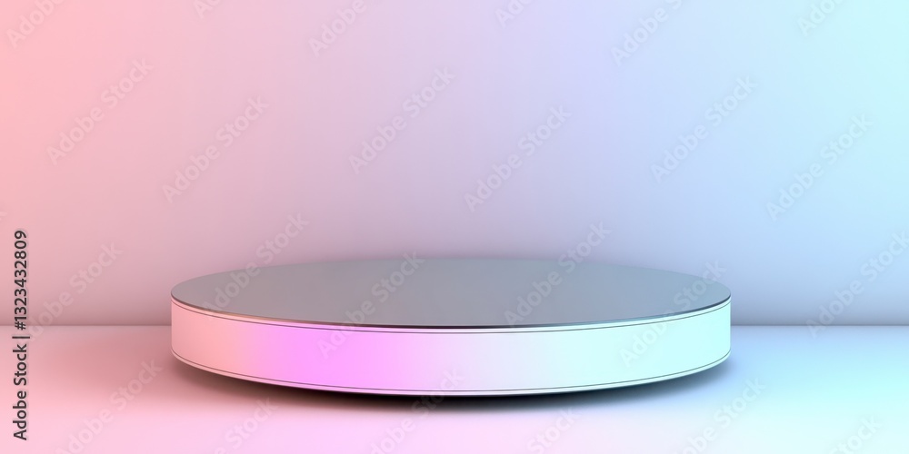 Round metallic platform with iridescent pastel purple and pink gradient lighting against a white background. Minimalist product display scene. Round metallic platform with iridescent pastel purple and pink gradient lighting against a white background. Minimalist product display scene.