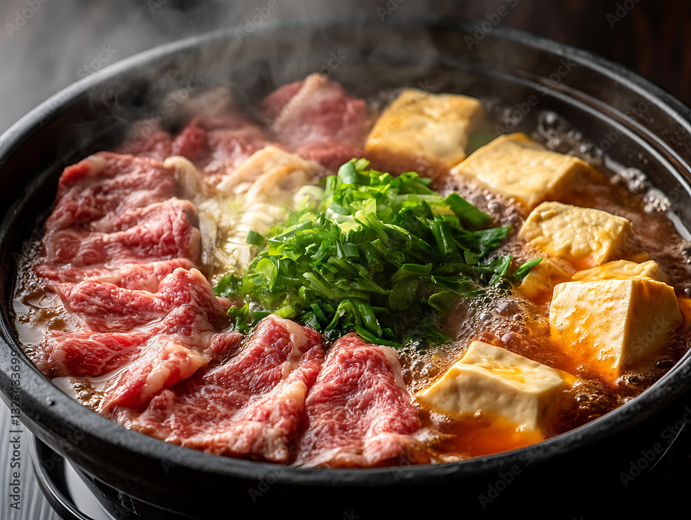 Hot sukiyaki pot with meat in soup, served with soft tofu cubes Hot sukiyaki pot with meat in soup, served with soft tofu cubes