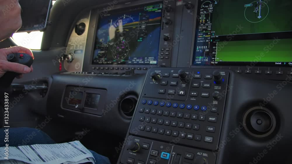 Private Airplane Modern Dual Display Cockpit Instrument Panel Close Up Private Airplane Modern Dual Display Cockpit Instrument Panel Close Up