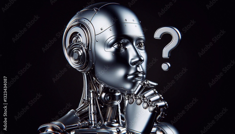 Nickel plated humanoid robot thinking, question mark above his head, side view, isolated on black background Nickel plated humanoid robot thinking, question mark above his head, side view, isolated on black background