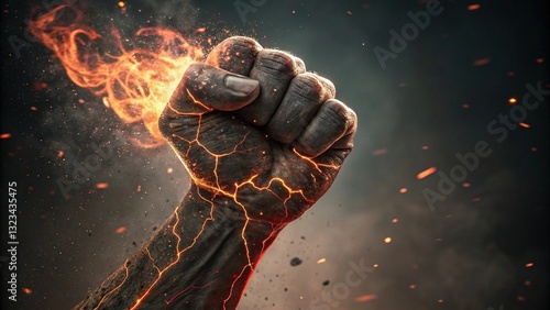 A Fiery Fist Clenches, A Symbol Of Unwavering Strength And Defiance Against Overwhelming Odds, With Dramatic Lighting And Intense Textures