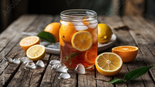 Refreshing iced tea with orange and lemon in a glass jar on a rustic wooden table with ice cubes and citrus slices in soft sunlight photo