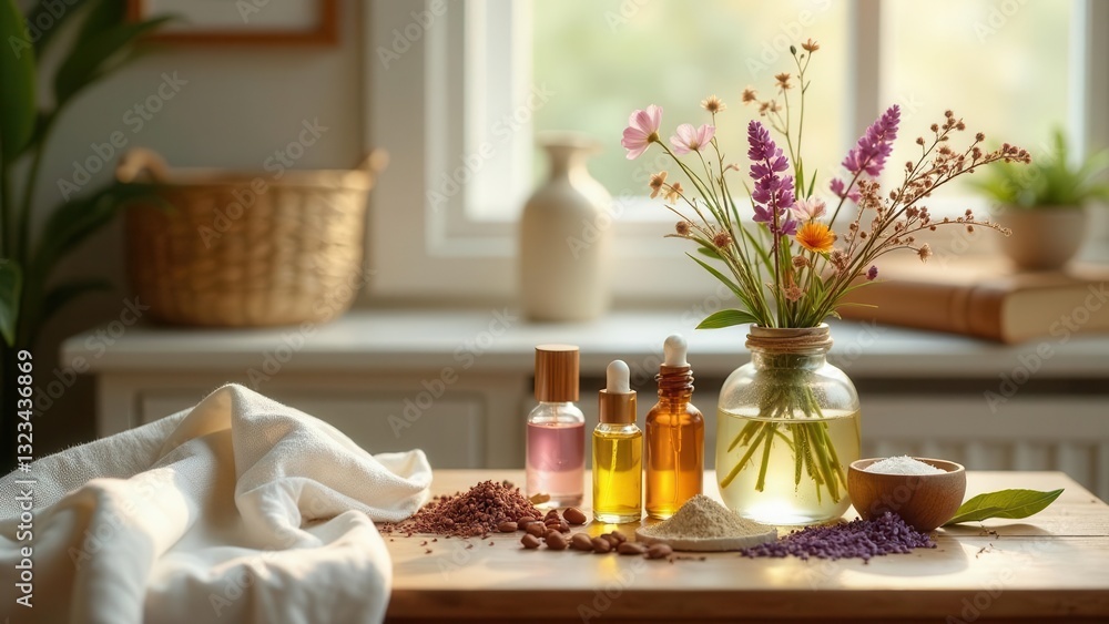 Serene Still Life Featuring Aromatic Oils, Botanicals, and Natural Ingredients on a Wooden Table Serene Still Life Featuring Aromatic Oils, Botanicals, and Natural Ingredients on a Wooden Table