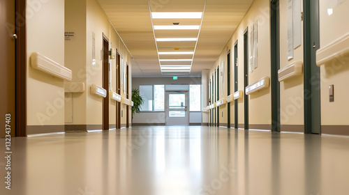 Long Hospital Corridor Perspective With White Walls Lighted Ceiling and Wooden Doors Reflecting on a Clean Floor