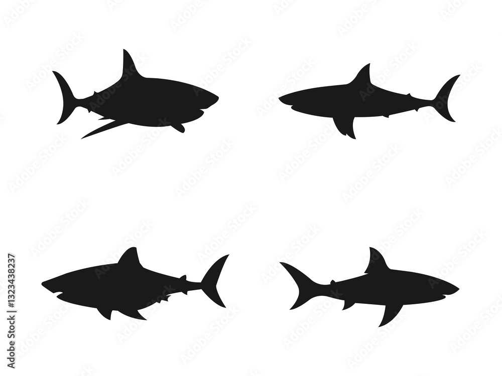 Fototapeta premium Shark silhouette flat illustration. Silhouette of a predatory fish shark vector illustration. Vector-graphic illustration of a shark in profile view. Vector illustration isolated on a white background