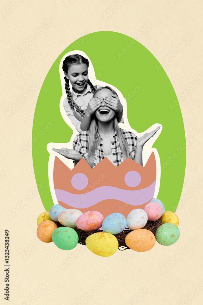 Trend sketch design 3D photo collage of sticker young girl cover eyes mom smile funny april tradition festive religion seasonal easter egg Trend sketch design 3D photo collage of sticker young girl cover eyes mom smile funny april tradition festive religion seasonal easter egg