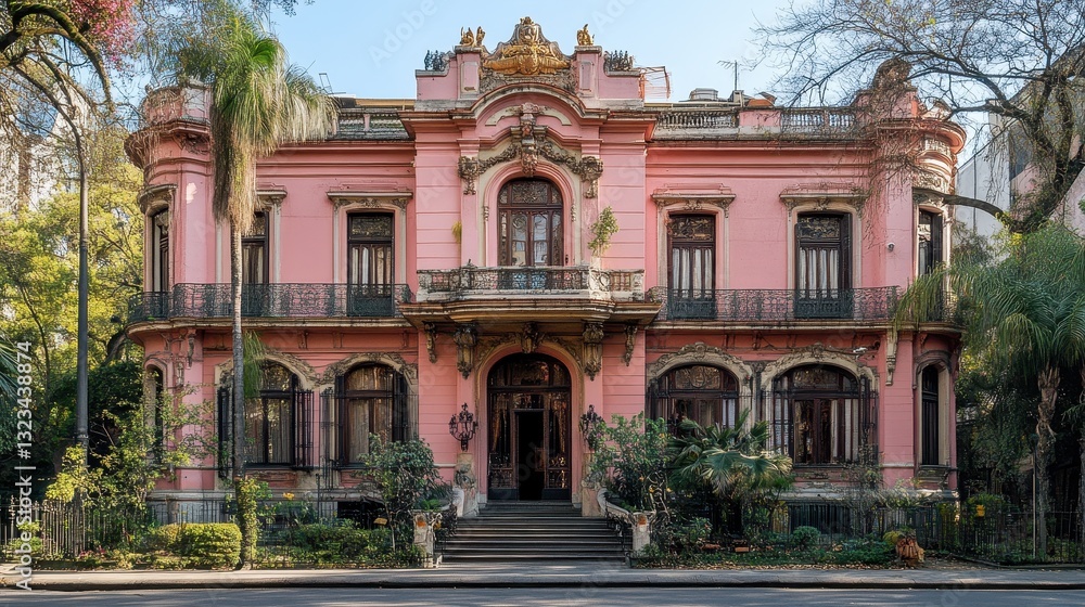 Naklejka premium Historic pink mansion with ornate detailing in lush urban setting