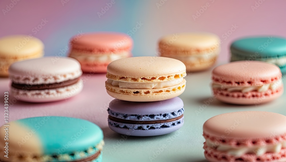 Colorful macarons in pastel hues arranged on a soft pink and blue backdrop with light focus on stacked macarons in the center. Colorful macarons in pastel hues arranged on a soft pink and blue backdrop with light focus on stacked macarons in the center.