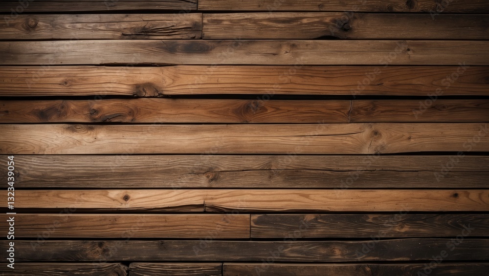 Naklejka premium Rustic wooden backdrop featuring horizontal planks in rich brown tones, showcasing unique textures and natural grain patterns throughout.