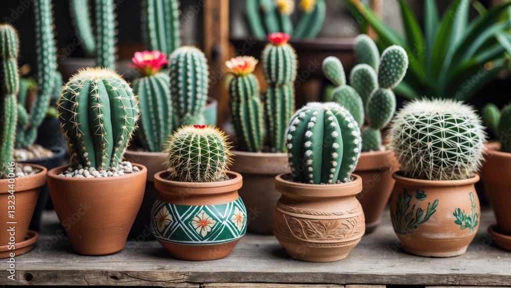 Colorful cacti in terracotta pots arranged on a wooden table with vibrant flowers and lush greenery in the background, ideal for indoor decoration. Colorful cacti in terracotta pots arranged on a wooden table with vibrant flowers and lush greenery in the background, ideal for indoor decoration.