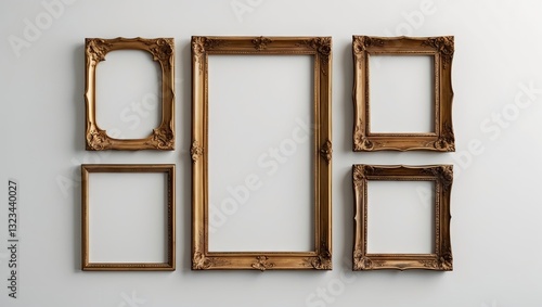 Wallpaper Mural Elegant arrangement of five vintage gold frames in various sizes on a light textured wall showcasing empty spaces for artwork or photos. Torontodigital.ca