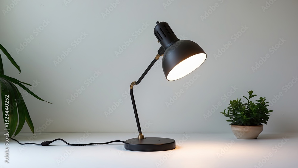 Elegant black desk lamp with adjustable arm on a white background, complemented by green potted plants on the left side of the image. Elegant black desk lamp with adjustable arm on a white background, complemented by green potted plants on the left side of the image.