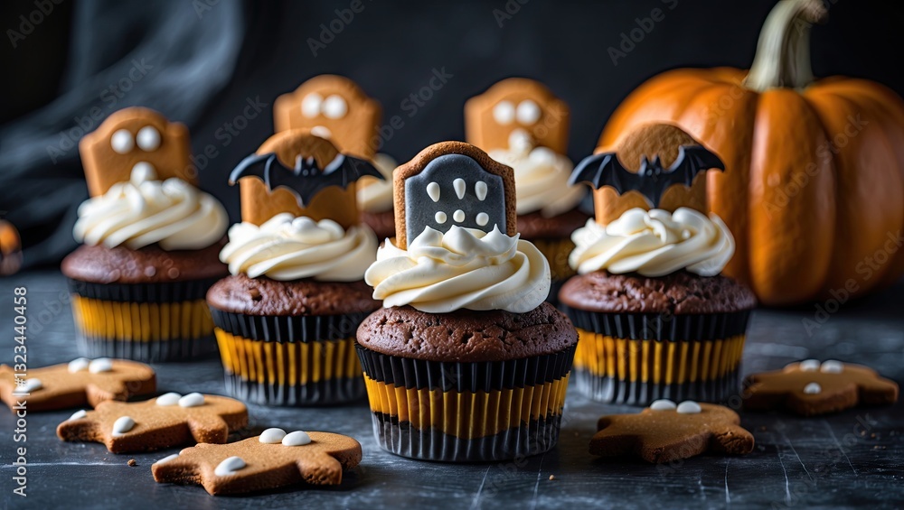 Halloween themed cupcakes with brown icing topped with tombstone and bat gingerbread cookies on a dark backdrop featuring an orange pumpkin. Halloween themed cupcakes with brown icing topped with tombstone and bat gingerbread cookies on a dark backdrop featuring an orange pumpkin.