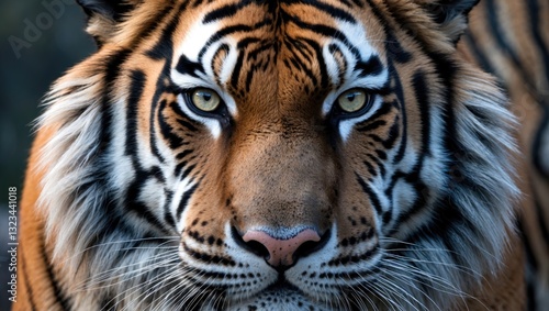 Wallpaper Mural Siberian tiger face close-up showcasing vibrant orange and black stripes with piercing green eyes against a blurred background for text space. Torontodigital.ca