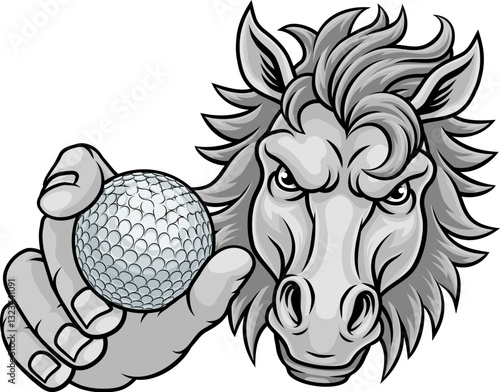 Horse mustang bronco stallion angry golf sports team mascot holding a ball.
