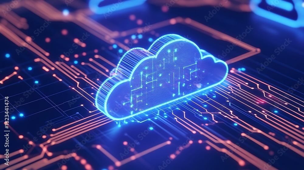 Digital Cloud Technology Concept with Circuit Boards and Neon Lights for Future Data Storage Visualization Digital Cloud Technology Concept with Circuit Boards and Neon Lights for Future Data Storage Visualization
