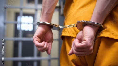 A close-up of a prisoner's hands in handcuffs, wearing an orange jumpsuit, standing behind bars. A symbol of crime, punishment, and the justice system