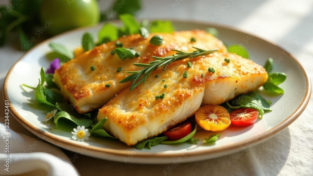 Pan-Seared Fish Fillets with Herb Garnish and Fresh Salad on a Plate Pan-Seared Fish Fillets with Herb Garnish and Fresh Salad on a Plate