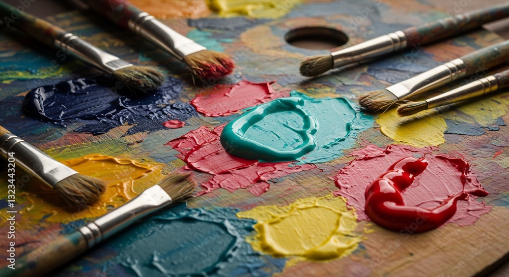Obraz premium Vibrant paint palette art supplies richly textured. AI Generated