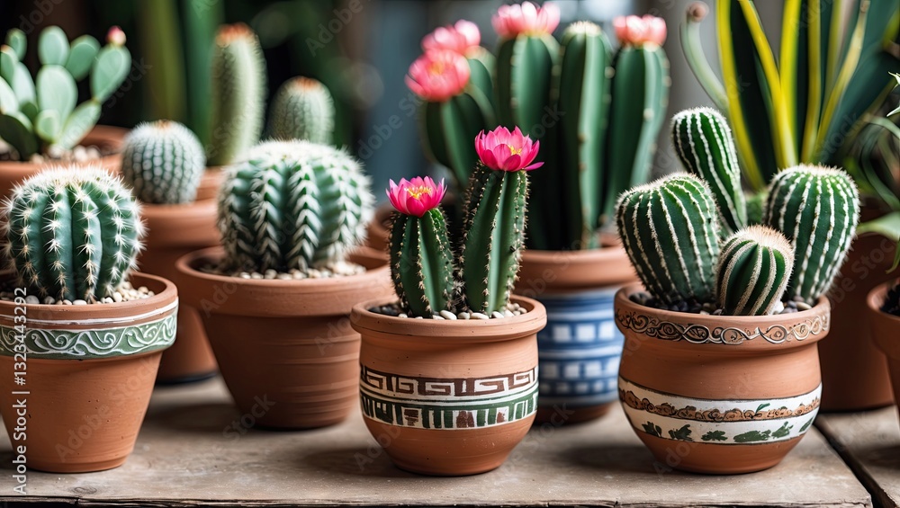 Vibrant assortment of lush green cacti in terracotta pots arranged in a row with pink flowers enhancing aesthetic appeal for indoor garden decor. Vibrant assortment of lush green cacti in terracotta pots arranged in a row with pink flowers enhancing aesthetic appeal for indoor garden decor.