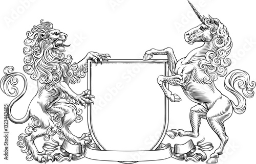 A heraldry crest lion and unicorn horse family coat of arms heraldic shield emblem design in an old medieval vintage style