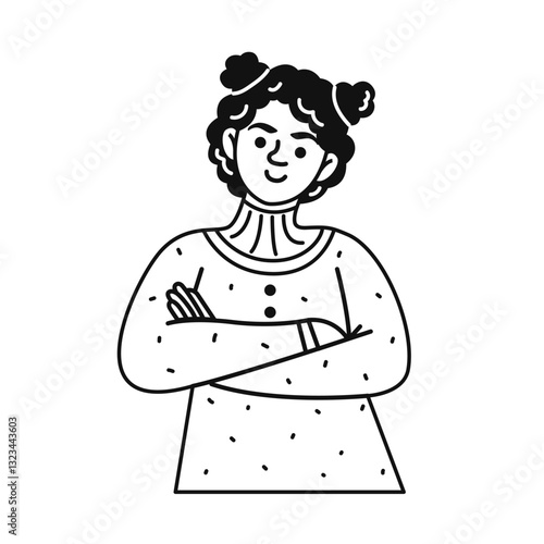 A young woman stands with her arms crossed over her chest. Vector black and white doodle illustration