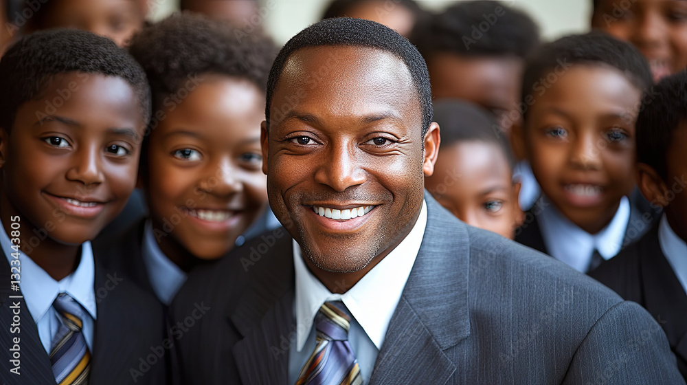 Cheerful Educator Surrounded by Smiling Young Students in a Classroom Setting During a Joyful School Event Cheerful Educator Surrounded by Smiling Young Students in a Classroom Setting During a Joyful School Event