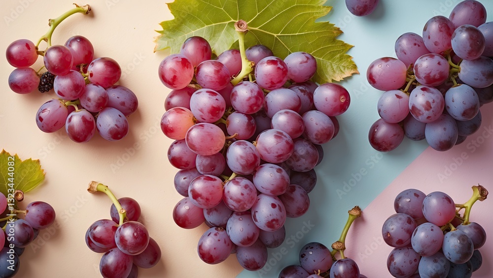 Obraz premium Fresh and ripe purple grapes scattered on a pastel peach and blue background with green leaves positioned prominently in top view composition.