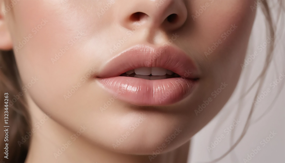 Obraz premium A hyper-realistic close-up portrait of a young woman's lips and nose, with delicate, soft lighting that highlights her flawless, smooth skin. Her lips are slightly parted, revealing a glimpse of her t