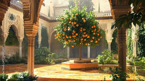 A tranquil courtyard featuring a vibrant orange tree in full bloom, surrounded by lush greenery and ornate arches, reminiscent of the beautiful gardens of the Alhambra, bathed in soft sunlight.