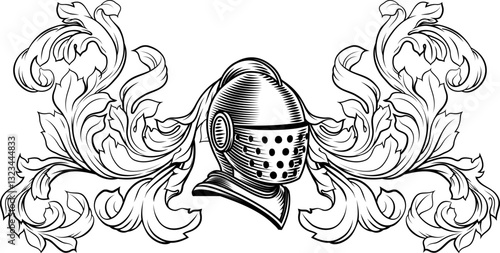 Coat of arms crest knight family medieval shield heraldry heraldic armorial motif. Featuring a knights helm helmet in a vintage etching engraving woodcut style