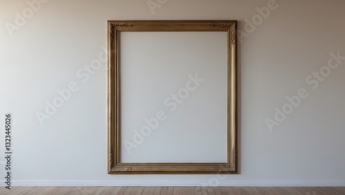Empty golden frame positioned centrally on a plain white gallery wall with wooden flooring, inviting artistic display and creativity.