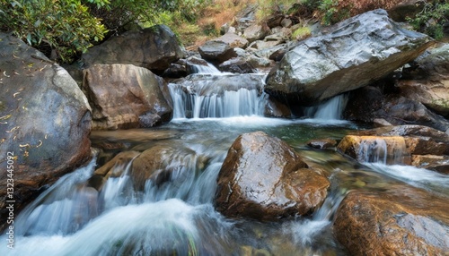 Crystal clear water flowing over smooth rocks
