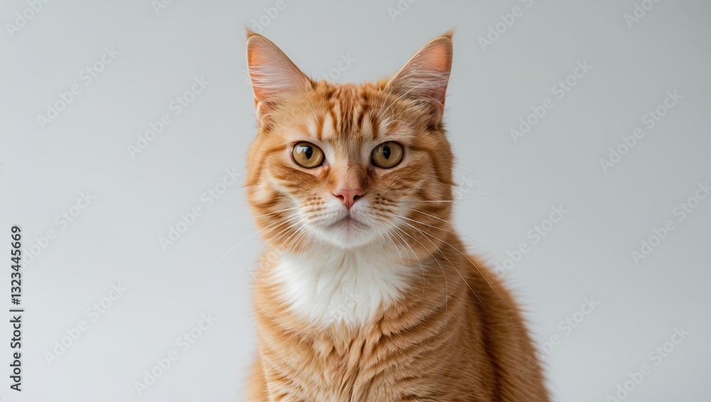 Ginger cat with vibrant orange fur and white chest sitting upright on a neutral grey background, displaying a calm and inquisitive expression. Ginger cat with vibrant orange fur and white chest sitting upright on a neutral grey background, displaying a calm and inquisitive expression.