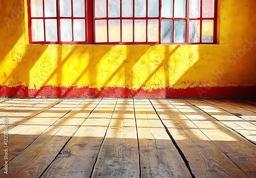 Sunlight Shadows on Wooden Floor, Yellow Wall, Red Trim